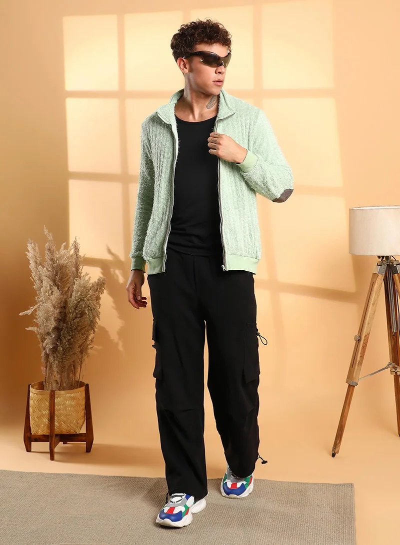 كامبوس سوترا Men's Pistachio Green Self-Design Striped Knitted Jacket