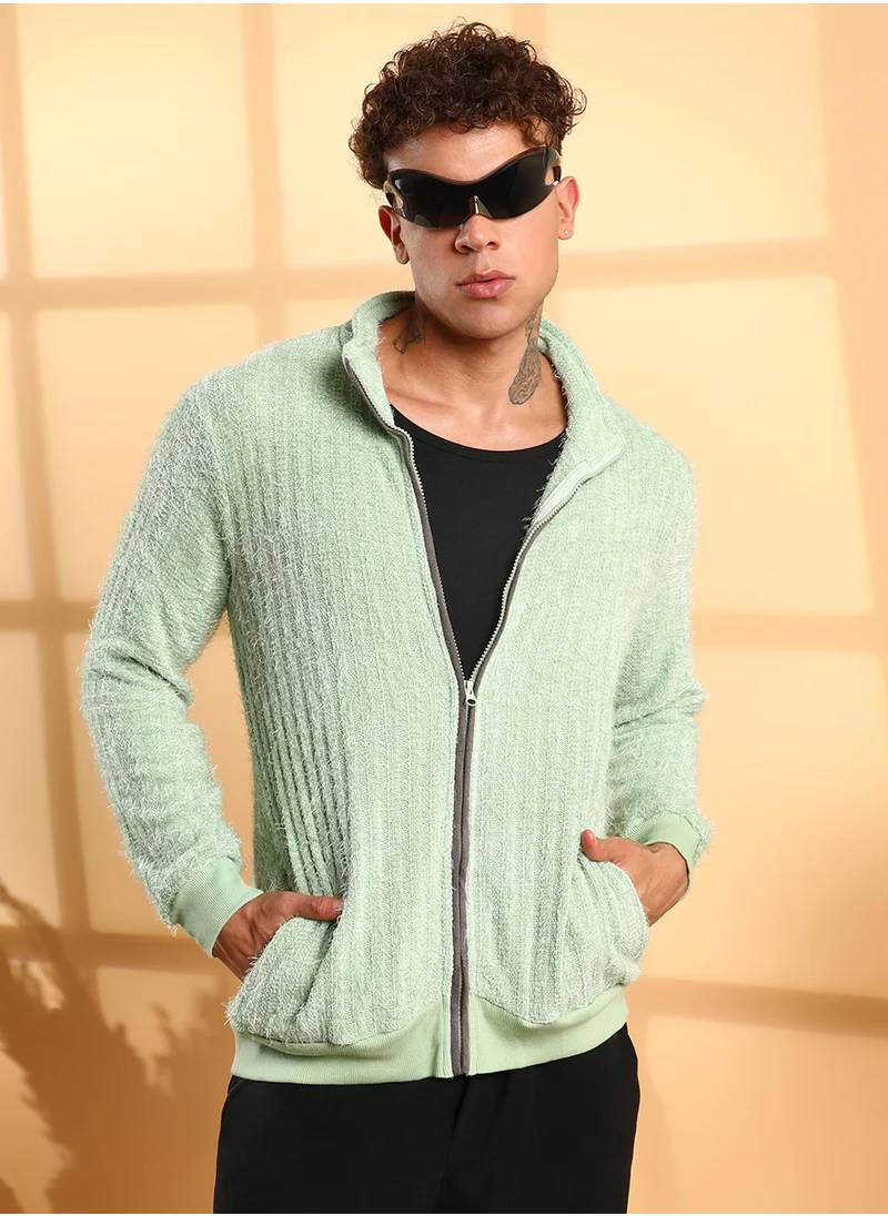 Campus Sutra Men's Pistachio Green Self-Design Striped Knitted Jacket