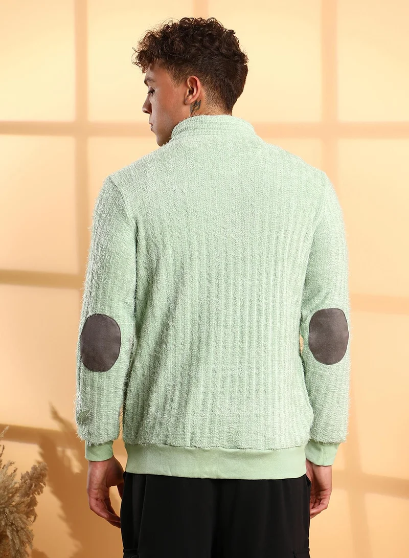 كامبوس سوترا Men's Pistachio Green Self-Design Striped Knitted Jacket