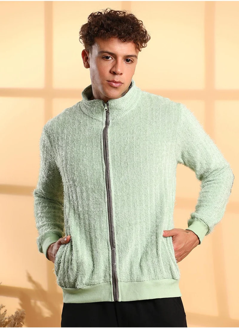 Campus Sutra Men's Pistachio Green Self-Design Striped Knitted Jacket