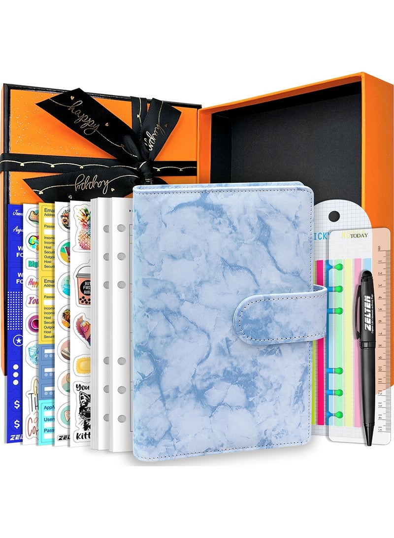 PU Leather Personal Notebook Planner with 67 Pages Loose-Leaf Papers 6 Holes Ring Binder Pen Holder Magnetic Buckle  (Blue Marble)