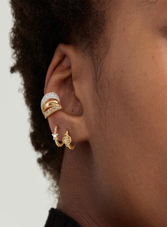 ميفيكو أقراط أذن ذهبية من ميفيكو، مطلية بذهب عيار 18 قيراط، مناسبة للأذنين غير المثقوبة، بتصميم بسيط وأنيق، مرصعة بأحجار الزركونيا المكعبة، بمشبك، بلونين، للنساء - Image 2