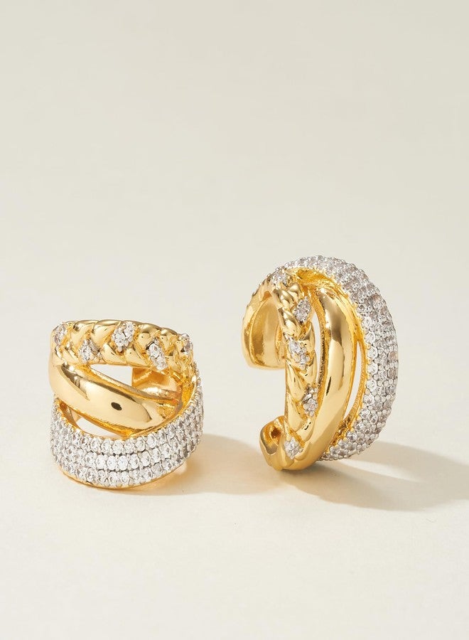 ميفيكو أقراط أذن ذهبية من ميفيكو، مطلية بذهب عيار 18 قيراط، مناسبة للأذنين غير المثقوبة، بتصميم بسيط وأنيق، مرصعة بأحجار الزركونيا المكعبة، بمشبك، بلونين، للنساء - Image 5