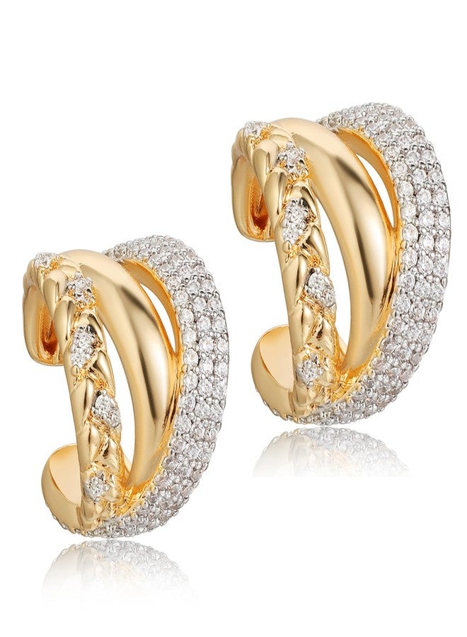 ميفيكو أقراط أذن ذهبية من ميفيكو، مطلية بذهب عيار 18 قيراط، مناسبة للأذنين غير المثقوبة، بتصميم بسيط وأنيق، مرصعة بأحجار الزركونيا المكعبة، بمشبك، بلونين، للنساء - Image 1