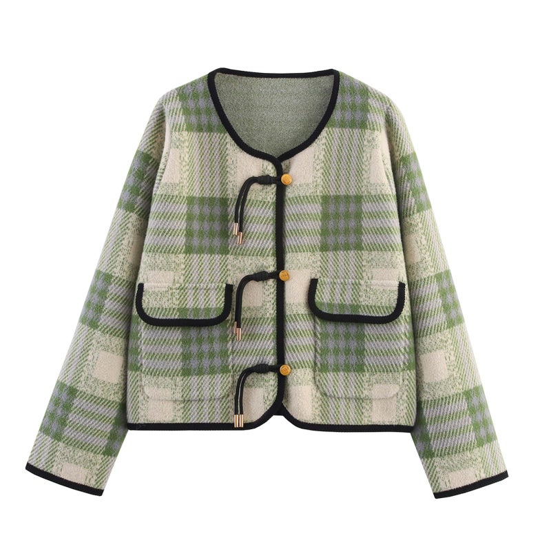 HOULENGS Women's Vintage Button Down Cardigan Sweaters Plaid Print Long Sleeve Knit Jackets with Pockets Fall Winter Fashion Green X-Small - Image 1