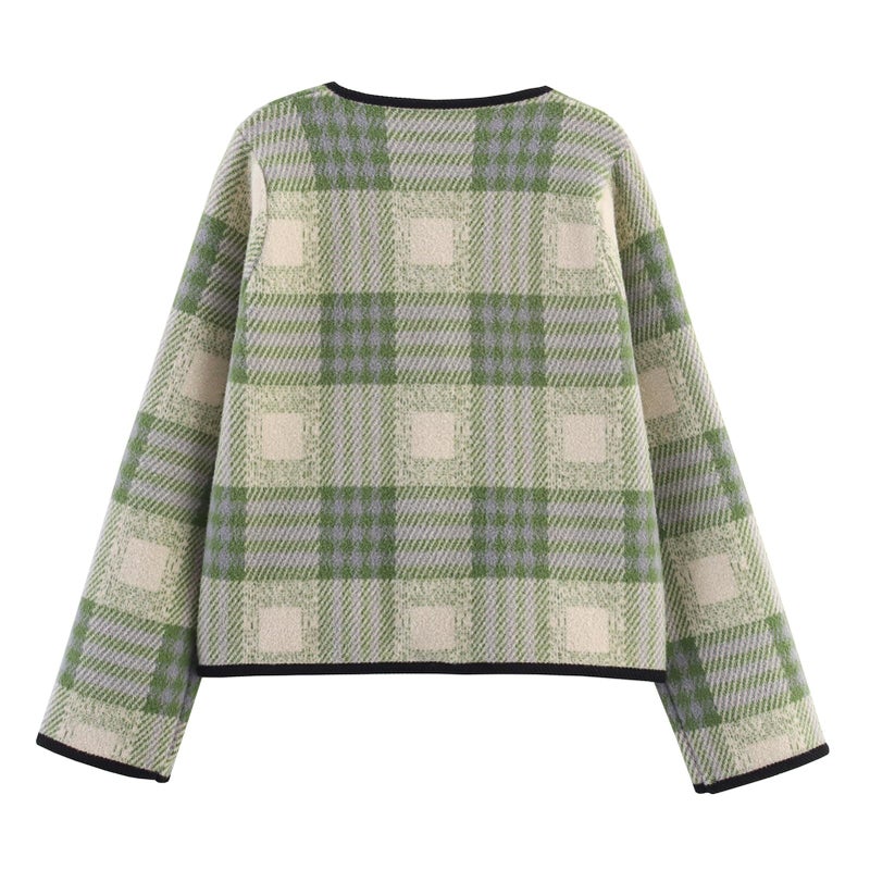 HOULENGS Women's Vintage Button Down Cardigan Sweaters Plaid Print Long Sleeve Knit Jackets with Pockets Fall Winter Fashion Green X-Small - Image 3