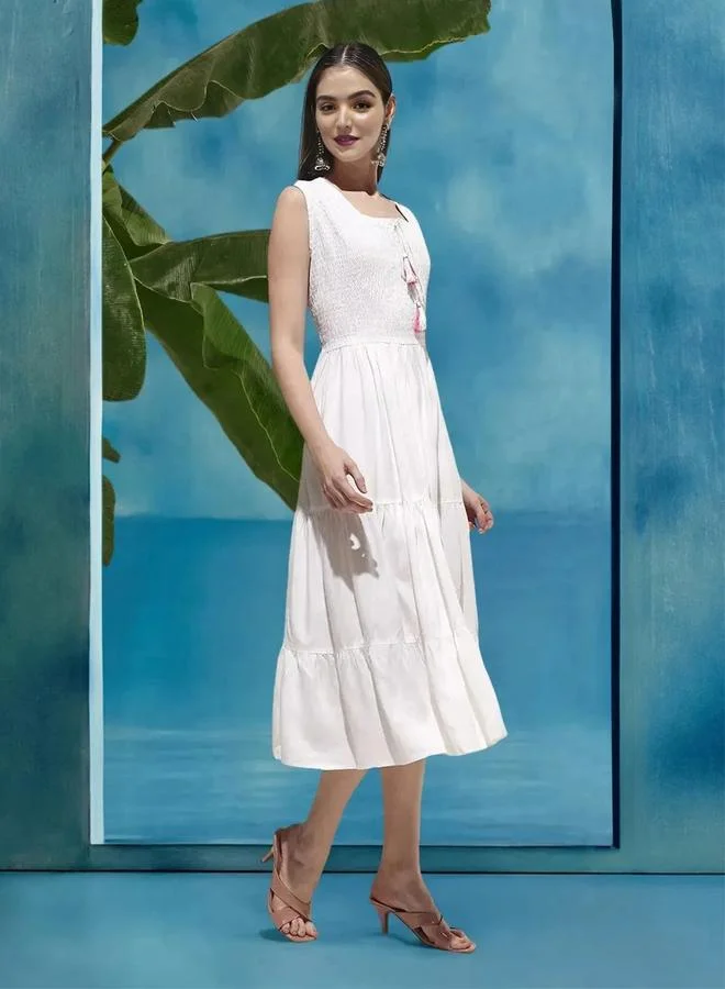 ISHIN Women's White Rayon Solid Maxi Smock Relaxed Dress
