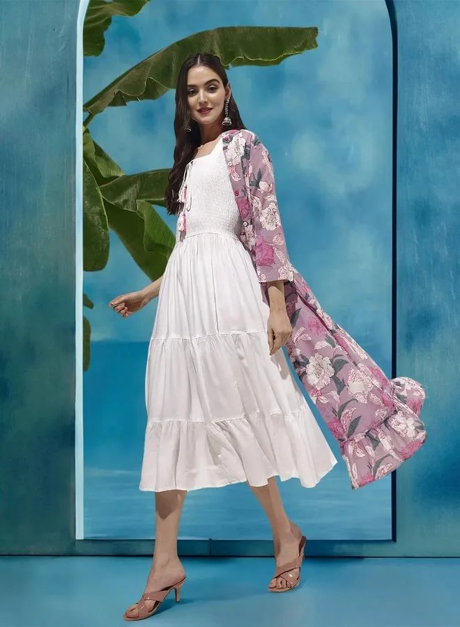ISHIN Women's White Rayon Solid Maxi Smock Relaxed Dress