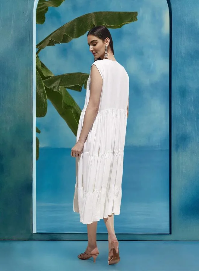 ISHIN Women's White Rayon Solid Maxi Smock Relaxed Dress