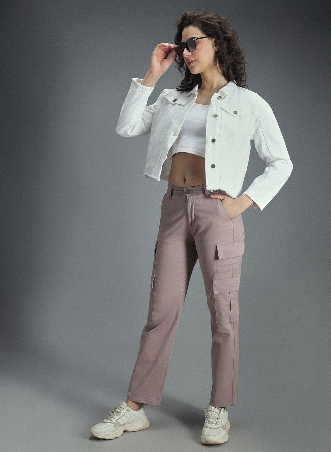 HIGH STAR Women's Mauve Cotton Blend Solid Pattern Full Length Cargo Dad Fit Trouser  - Image 3