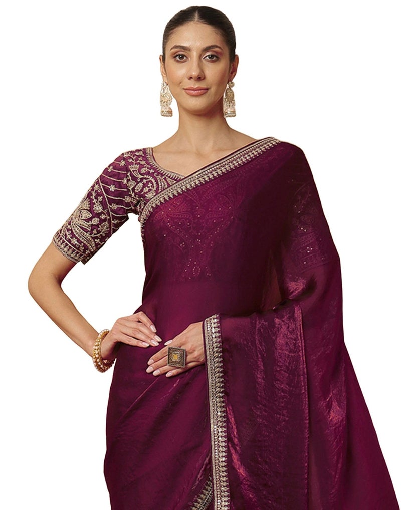 SIRIL Women's Tissue Silk Sequence Embroidery Lace Border Saree with Unstitched Blouse Piece (4369S217_Wine) - Image 1