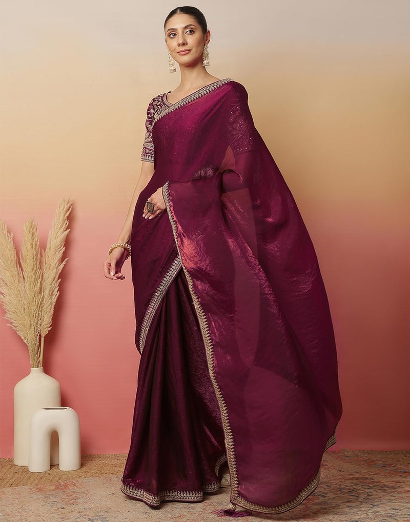 SIRIL Women's Tissue Silk Sequence Embroidery Lace Border Saree with Unstitched Blouse Piece (4369S217_Wine) - Image 2