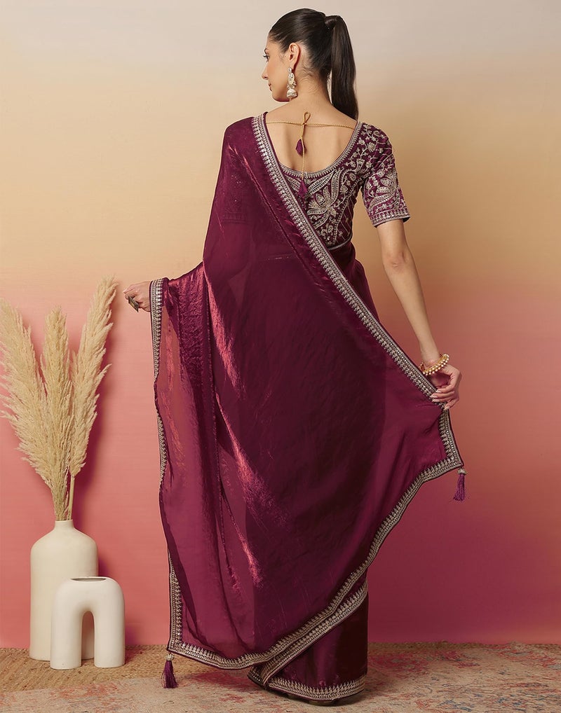 SIRIL Women's Tissue Silk Sequence Embroidery Lace Border Saree with Unstitched Blouse Piece (4369S217_Wine) - Image 3