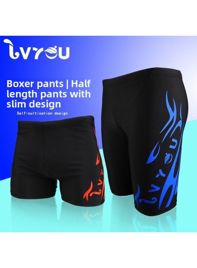 Men's Swimming Trunks And Swimming Cap Set Learning Swimming Equipment Quick-Drying Boxer Hot Spring Large Size Flame Five-Point Swimming Trunks-Color:8701 Blue Label Pants + Hat-xl (recommended Weight 45-60kg )
