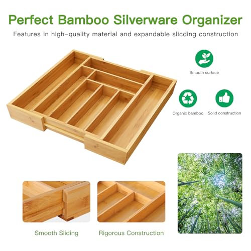 Pipishell Bamboo Expandable Drawer Organizer for Utensils Holder, Adjustable Cutlery Tray, Wood Drawer Dividers Organizer for Silverware, Flatware, Knives in Kitchen, Bedroom, Living Room(M-N) - Image 5