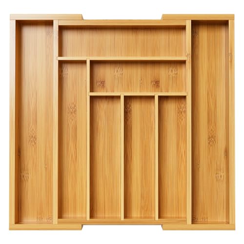 Pipishell Bamboo Expandable Drawer Organizer for Utensils Holder, Adjustable Cutlery Tray, Wood Drawer Dividers Organizer for Silverware, Flatware, Knives in Kitchen, Bedroom, Living Room(M-N) - Image 1