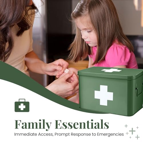 Flexzion First Aid Box Organizer Empty 13" Green Vintage First Aid Kit Tin Metal Medical Box - First Aid Storage Box Container Bins with Dividers, Removable Tray and White Cross Logo - Image 2