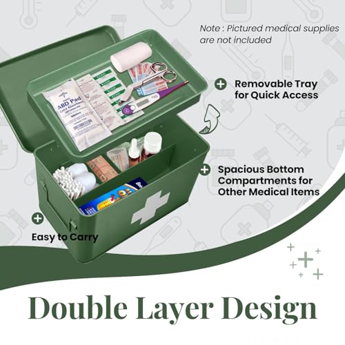 Flexzion First Aid Box Organizer Empty 13" Green Vintage First Aid Kit Tin Metal Medical Box - First Aid Storage Box Container Bins with Dividers, Removable Tray and White Cross Logo - Image 5