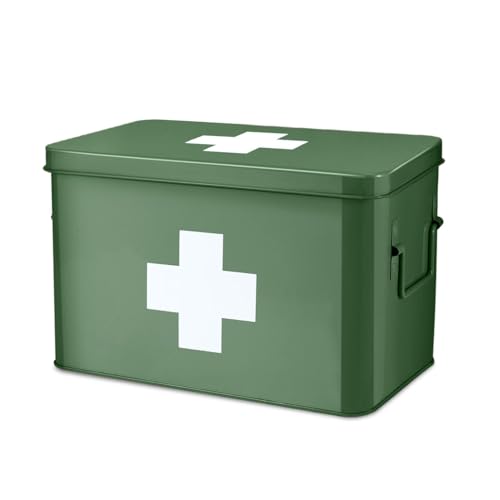 Flexzion First Aid Box Organizer Empty 13" Green Vintage First Aid Kit Tin Metal Medical Box - First Aid Storage Box Container Bins with Dividers, Removable Tray and White Cross Logo - Image 1