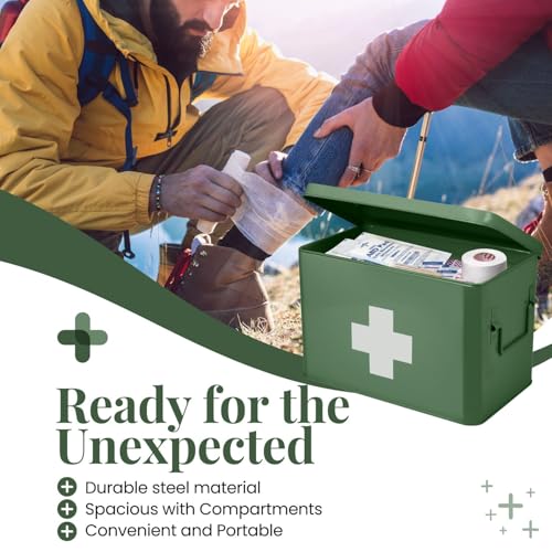 Flexzion First Aid Box Organizer Empty 13" Green Vintage First Aid Kit Tin Metal Medical Box - First Aid Storage Box Container Bins with Dividers, Removable Tray and White Cross Logo - Image 4