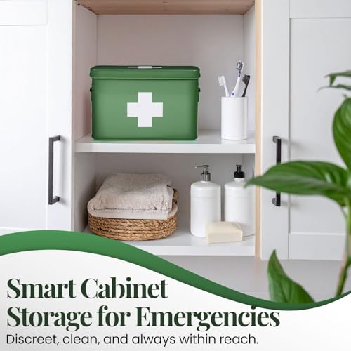 Flexzion First Aid Box Organizer Empty 13" Green Vintage First Aid Kit Tin Metal Medical Box - First Aid Storage Box Container Bins with Dividers, Removable Tray and White Cross Logo - Image 3