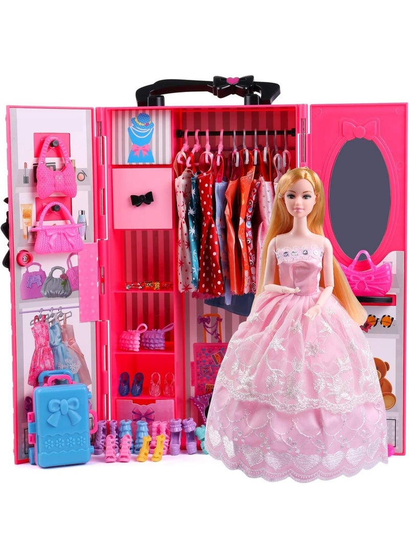 Soofam 11.5 Inch Girl Doll Closet Wardrobe with Clothes and Accessories Set, Doll Clothes and Accessories Closet Wardrobe Play set with Doll, Princess Gowns, Shoes,Hangers, Doll Dress up Toys for Girls - Image 1