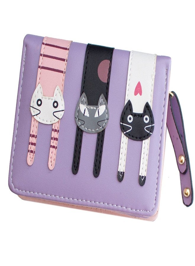 Valentoria Mini Faux Leather Bifold Cute 3 Cat Zipper Clutch Wallet Handbag for Women Girls (Short-Purple) - Image 1