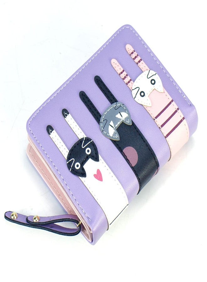 Valentoria Mini Faux Leather Bifold Cute 3 Cat Zipper Clutch Wallet Handbag for Women Girls (Short-Purple) - Image 3