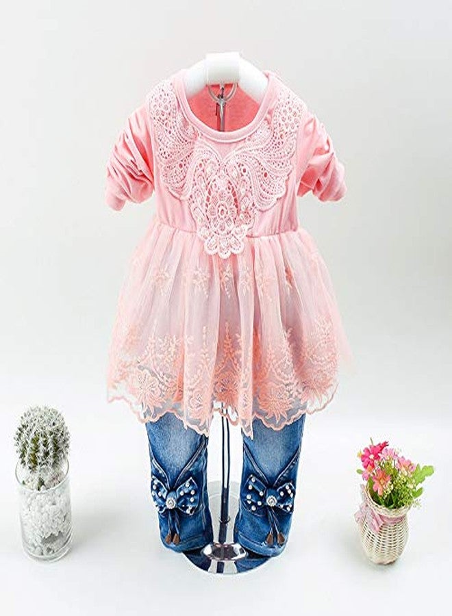 Peacolate Spring Autumn Baby Girls Clothing Set 3pcs Long Sleeve T-shirt Denim Jacket and Jeans(Pink,1-2Years) - Image 2