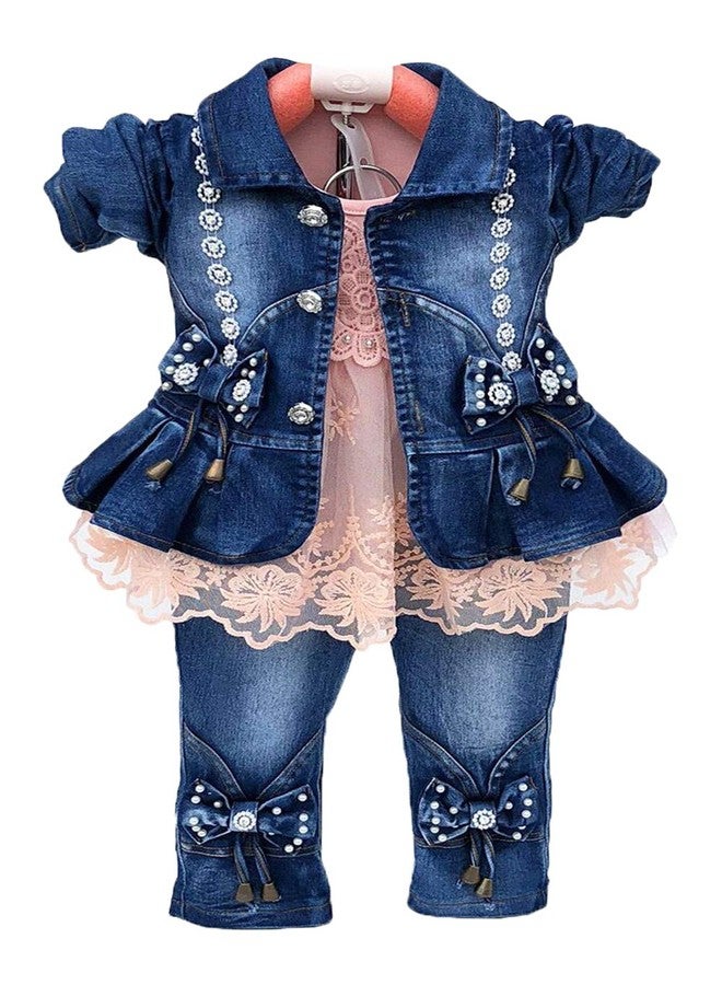Peacolate Spring Autumn Baby Girls Clothing Set 3pcs Long Sleeve T-shirt Denim Jacket and Jeans(Pink,1-2Years) - Image 1