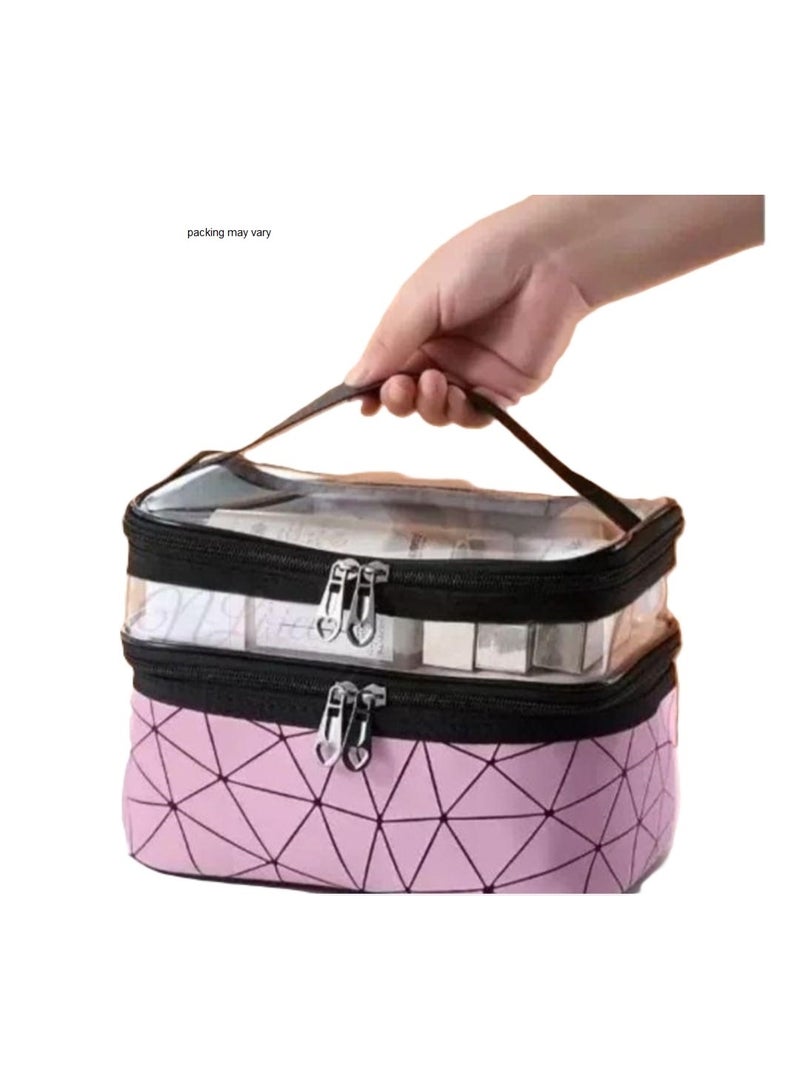 حقيبة مستحضرات تجميل مزدوجة الطبقات  حقيبة أدوات تجميل محمولة للسفر بسحاب مزدوج