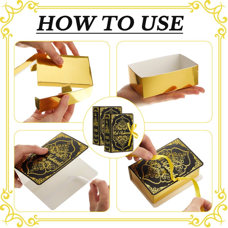 Nezyo 12 Pcs Ramadan Eid Mubarak Favor Boxes, Party Favors, Square Candy Treat with Golden Ribbon for Decoration Supplies Snack Sugar Chocolate Goodie Toy, 2 Styles - Image 3