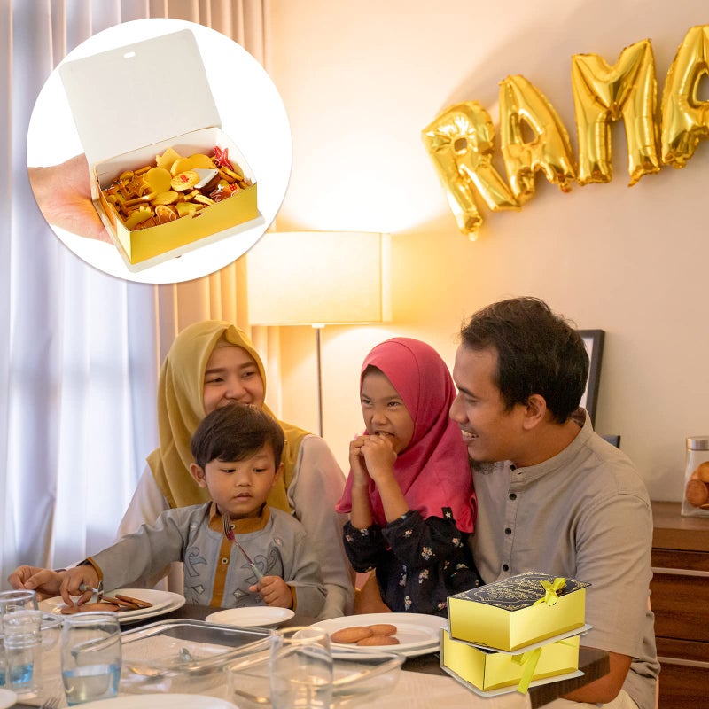 Nezyo 12 Pcs Ramadan Eid Mubarak Favor Boxes, Party Favors, Square Candy Treat with Golden Ribbon for Decoration Supplies Snack Sugar Chocolate Goodie Toy, 2 Styles - Image 5