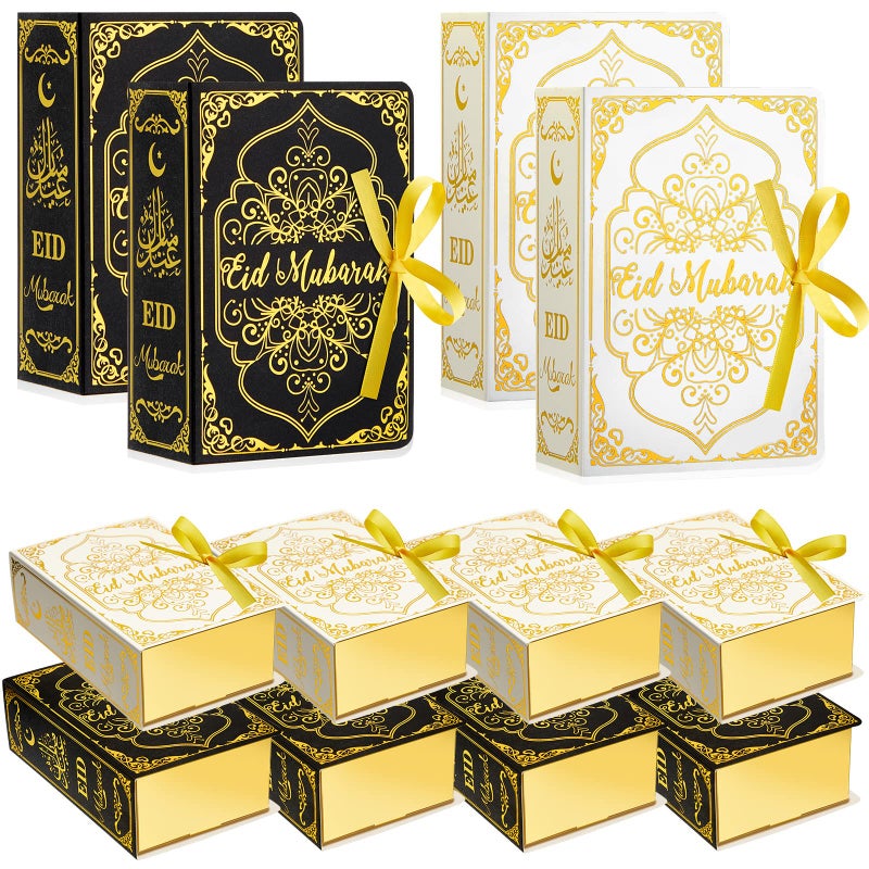 Nezyo 12 Pcs Ramadan Eid Mubarak Favor Boxes, Party Favors, Square Candy Treat with Golden Ribbon for Decoration Supplies Snack Sugar Chocolate Goodie Toy, 2 Styles - Image 1