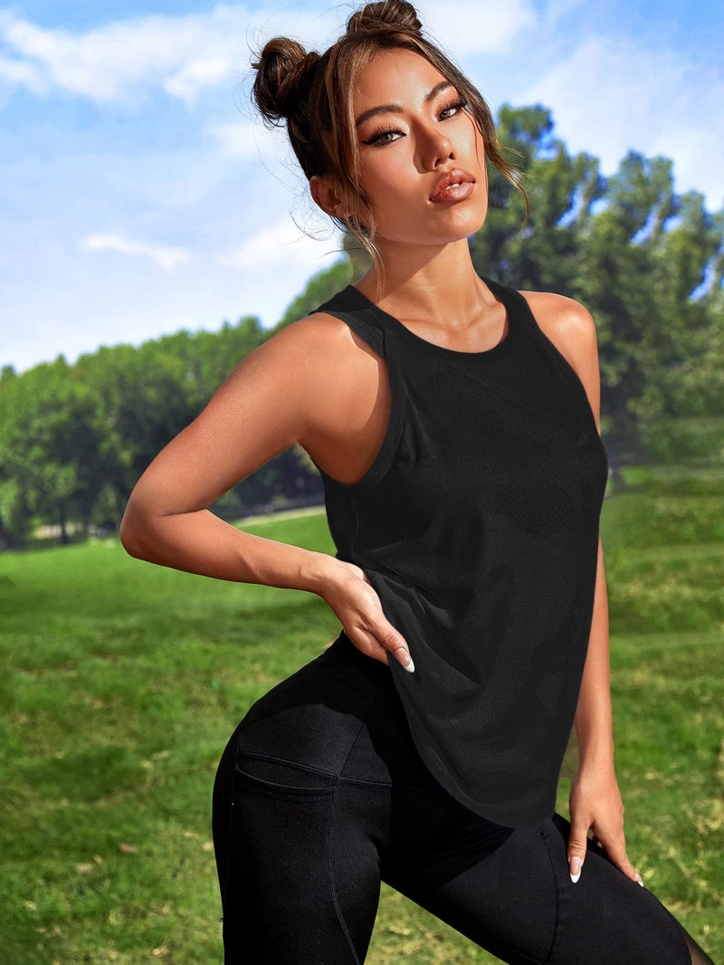 OYOANGLE Women's Camo Print Sleeveless Workout Shirts Exercise Running Tank Tops Active Gym Tops Black Medium - Image 3
