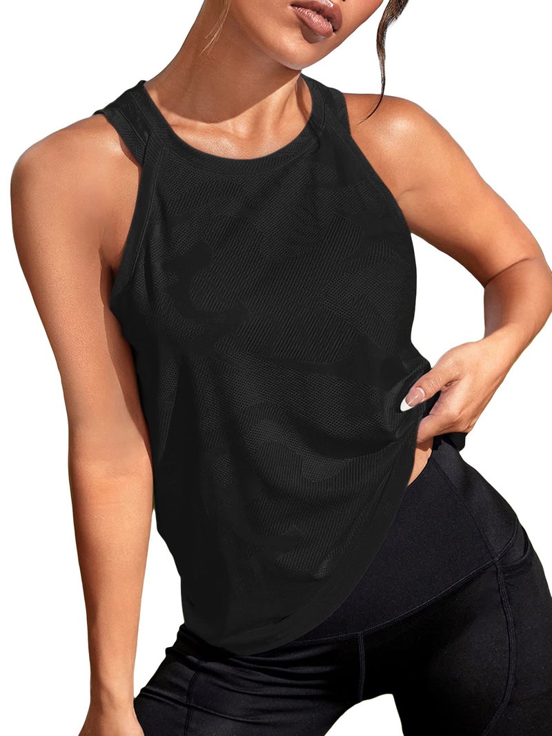 OYOANGLE Women's Camo Print Sleeveless Workout Shirts Exercise Running Tank Tops Active Gym Tops Black Medium - Image 1