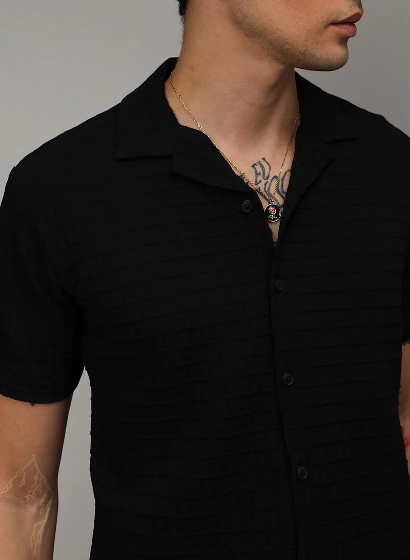 Campus Sutra Men's Canvas Onyx Black Waffle-Textured Co-Ord Set