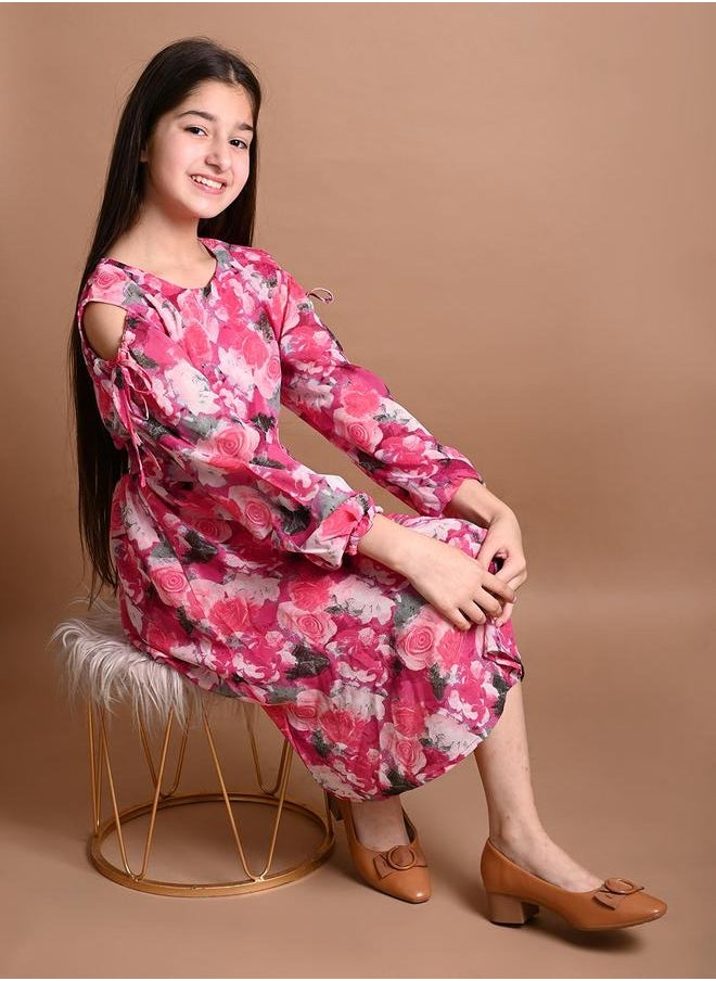 LILPICKS Pink Dresses Straight Fit made from Cotton featuring Self Design design and Round Neck neckline - Perfect for Festive!  - Image 1