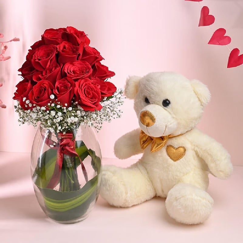 FlowerAura Love Combo Includes Fresh Live 20 Red Roses Flowers Bouquet In Glass Vase With Cute Teddy For Valentines Day Gift Birthday Gift Anniversary Gift Mothers Day Gift Same Day Delivery - Image 1