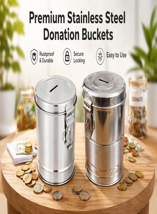 انيان حصالة نقود من الفولاذ المقاوم للصدأ مع قفل | صندوق توفير نقود بفتحة | حاوية لتخزين العملات المعدنية والنقدية | حصالة نقود من الفولاذ المقاوم للصدأ مع قفل، صندوق توفير عملات أسطواني، لون فضي، طقم من قطعتين - Image 3