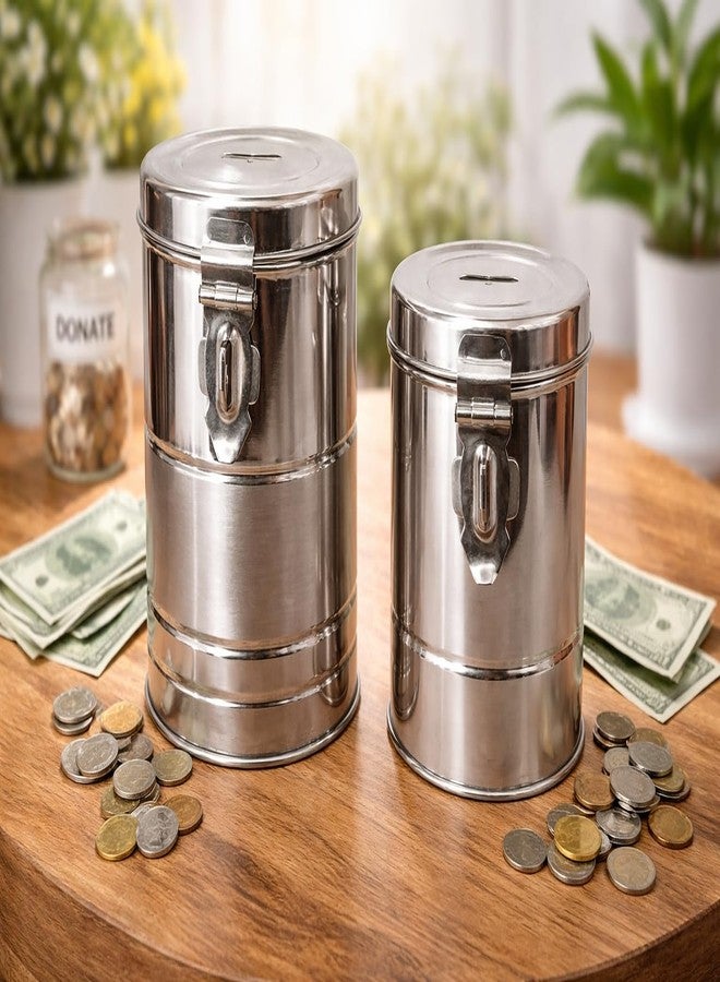 انيان حصالة نقود من الفولاذ المقاوم للصدأ مع قفل | صندوق توفير نقود بفتحة | حاوية لتخزين العملات المعدنية والنقدية | حصالة نقود من الفولاذ المقاوم للصدأ مع قفل، صندوق توفير عملات أسطواني، لون فضي، طقم من قطعتين - Image 2