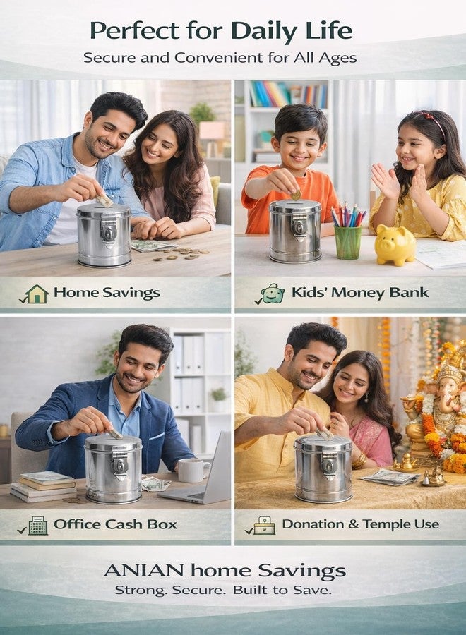 انيان حصالة نقود من الفولاذ المقاوم للصدأ مع قفل | صندوق توفير نقود بفتحة | حاوية لتخزين العملات المعدنية والنقدية | حصالة نقود من الفولاذ المقاوم للصدأ مع قفل، صندوق توفير عملات أسطواني، لون فضي، طقم من قطعتين - Image 5
