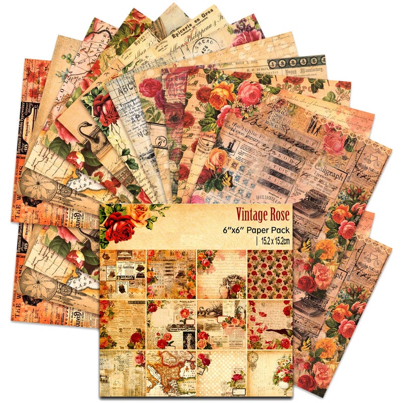 BLEDS Scrapbook Paper, 24 Sheets Vintage Rose Scrapbooking Paper 6x6 With 12 Different Designs Scrapbooking Supplies Single-Side Printing for Cardmaking Junk Journal Decorative Cardstock Background - Image 1