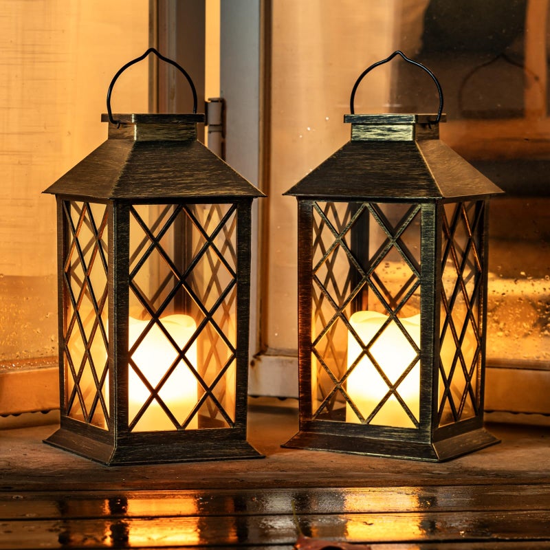 Homemory Solar Lanterns Outdoor Waterproof Hanging with Flickering Flameless Candles, 2 Pack Garden Outdoor Lantern Decorative for Patio Front Porch Backyard Balcony Cabin Outside (Bronze) - Image 1