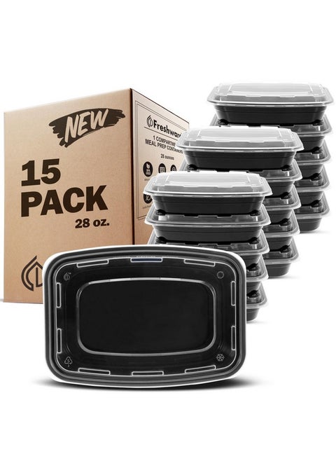 Freshware Meal Prep Containers 15 Count (Pack of 1) Compartment Food Storage Containers with Lids, Bento Box, BPA Free, Stackable, Microwave/Dishwasher/Freezer Safe (28 oz) (Color May Vary)