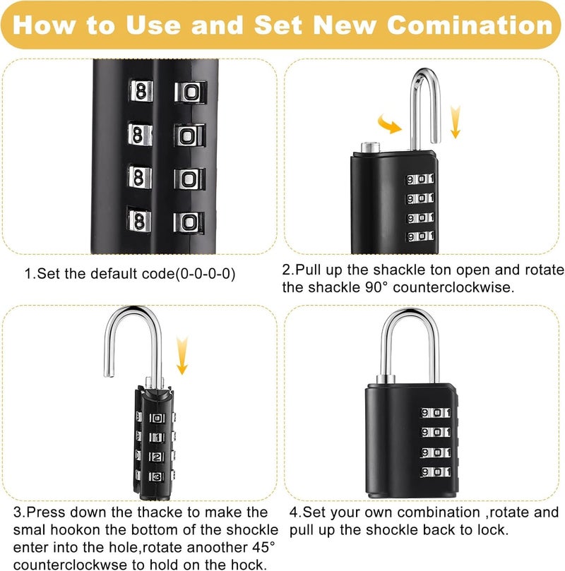 Jukusa 4-Digit Combination Padlock with Backup Key(1) | Heavy Duty Black Metal Security Lock | Resettable Code for Gym Locker, School, Travel, Gate & Storage Use (Black) - Image 4