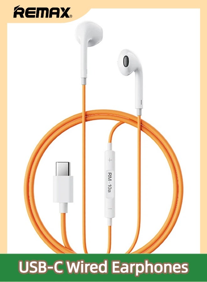 ريماكس سماعات أذن سلكية ملونة RM-10a، مزودة بموصل USB-C من النوع C، تصميم داخل الأذن، ميكروفون ستيريو عالي الدقة مدمج، تحكم في مستوى الصوت، مناسبة للموسيقى والمكالمات والألعاب، متوافقة مع أجهزة iPhone 17/16/15/Pro/ProMax/Air/Plus وغيرها من أجهزة USB-C. برتقالي - Image 1