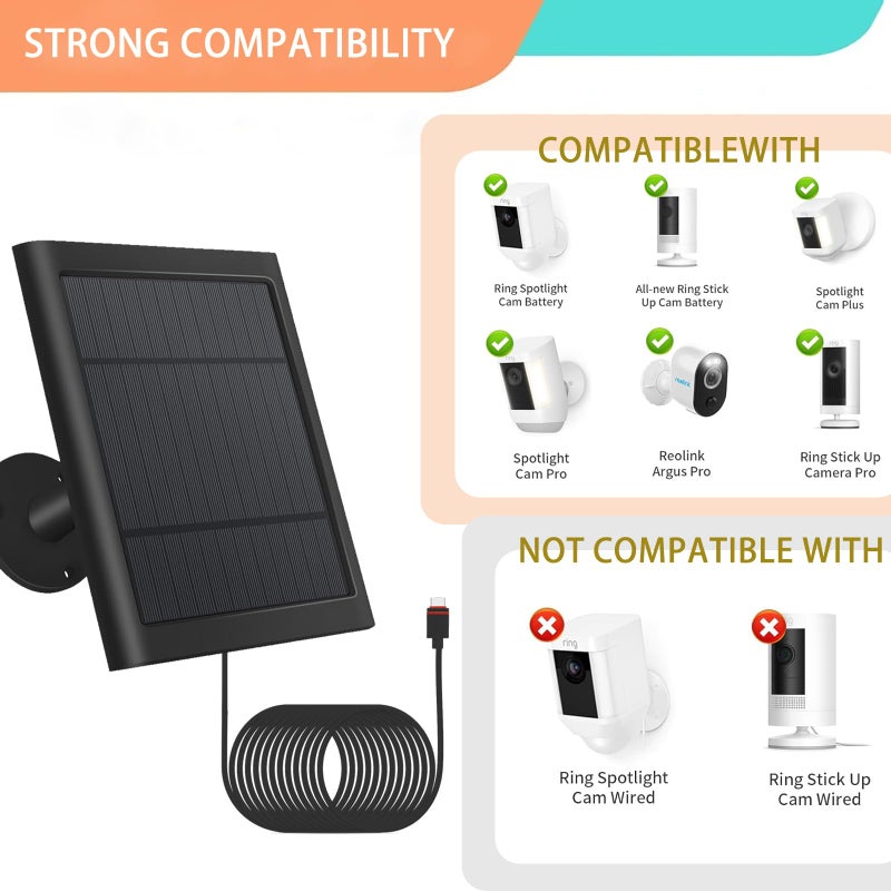Fehuatenda 1 Pack - Solar Panel for Ring Security Camera Spotlight Cam Plus/Pro(Battery) Stick Up Cam/Pro Wireless Outdoor with 10FT/3M Long Cable Dustproof Waterproof BK - Image 2