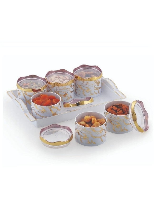 Moltres - Sun Ceramic_6 Multipurpose Serving Set (6 Air Tight Bowls with Tray Set) Dry Fruit, Chocolate, Mouth Freshener Container with Serving Tray Set (Plastic, White) - Image 1