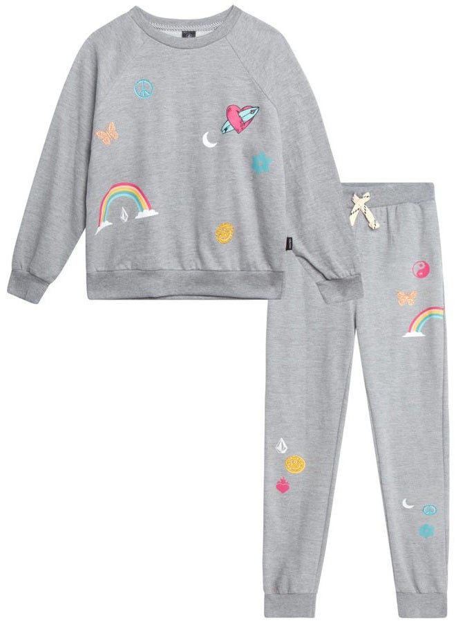 Volcom Girls' Sweatsuit Set - 2 Piece French Terry Pullover Crewneck Sweatshirt and Jogger Sweatpants Set for Girls (7-12), Grey Heather, 10 - Image 1